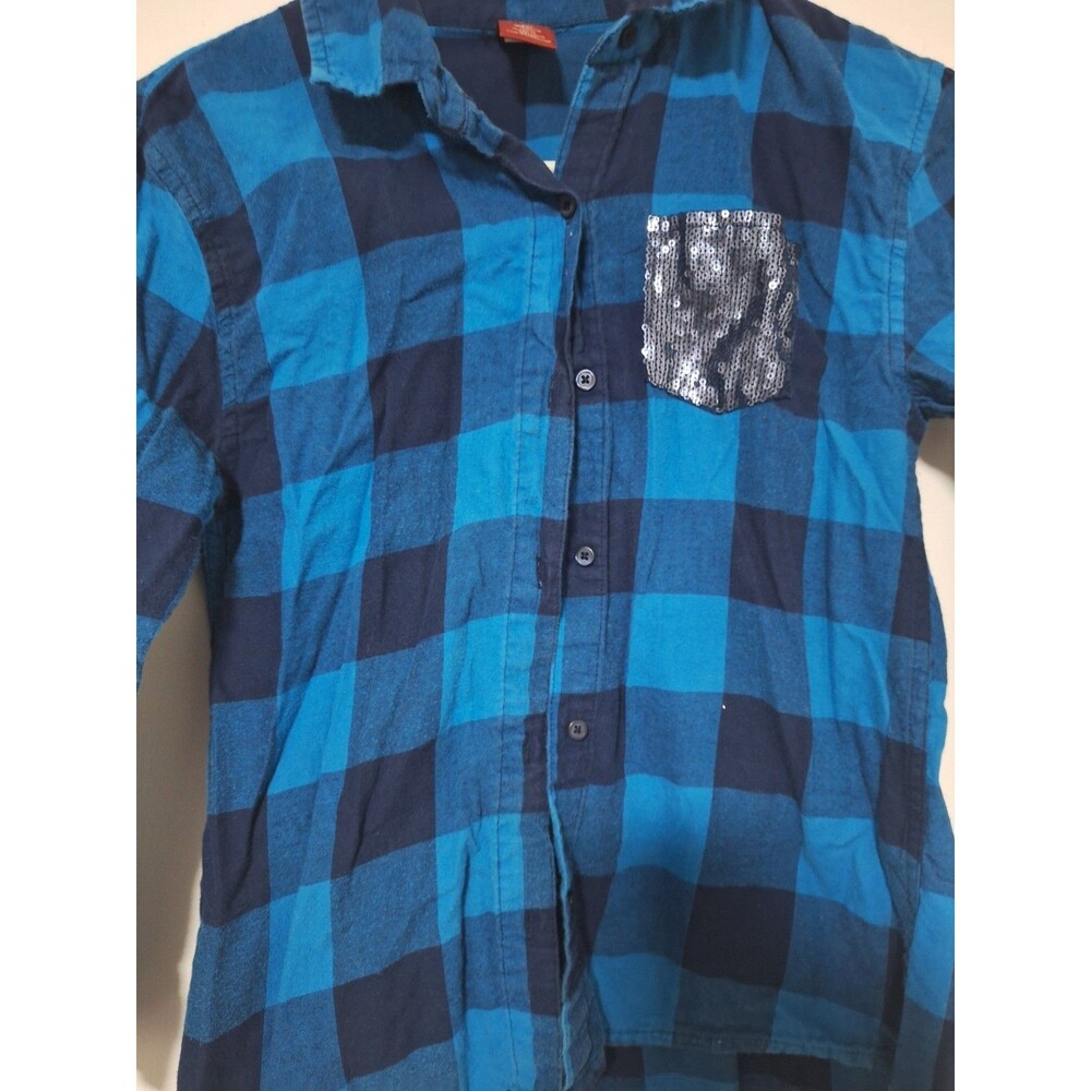 Arizona Jean Co Girls Size L 14 Blue Plaid Flannel Button Down Sequin Pocket Top - Picture 3 of 5